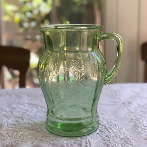 Vintage Cameo Green Uranium Depression Glass Water Pitcher 8 ¼" Tall